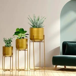 Rural gold metal planter with stand